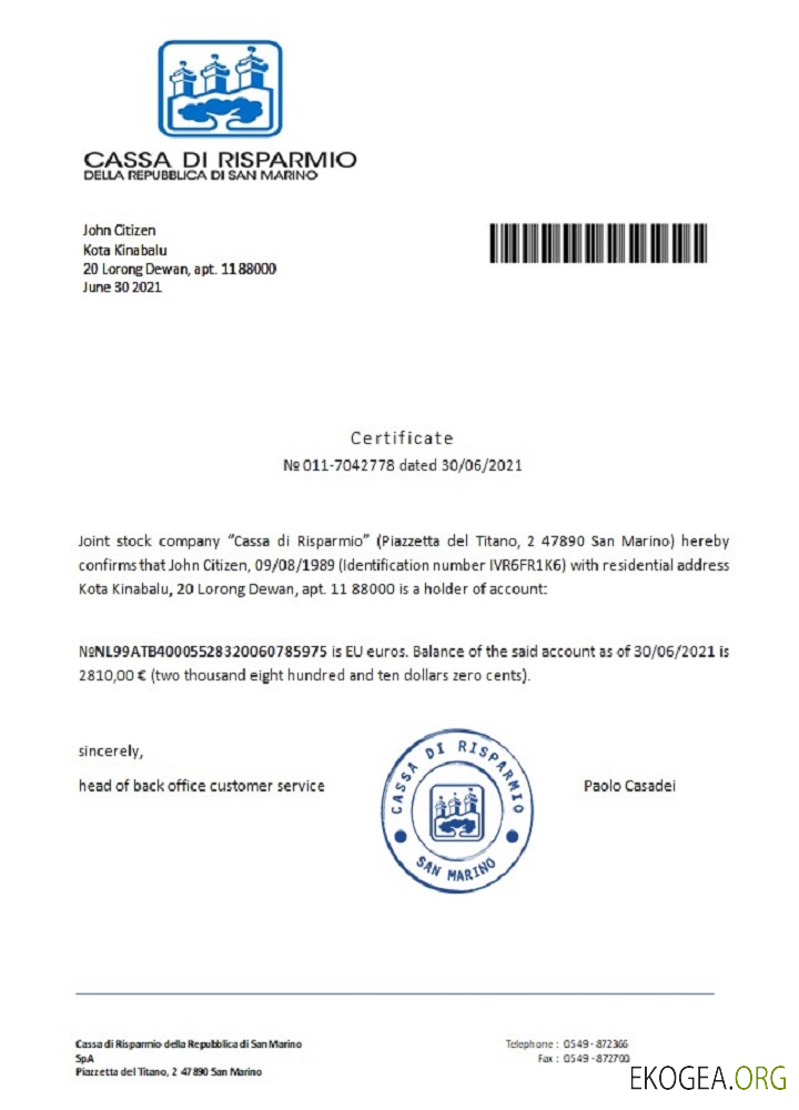 Saint , Marin , Cassa di Risparmio , reference